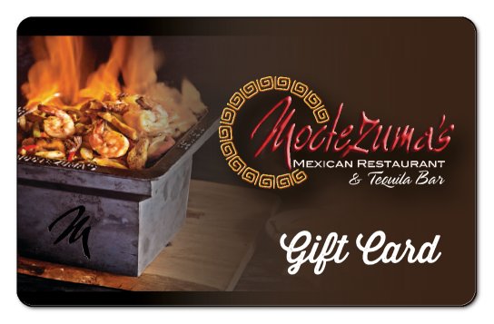 Moctezumas logo, box of shrimp on fire. ove brown background